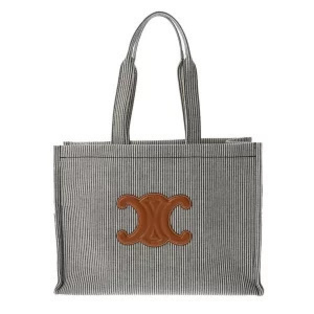 Celine Triomphe Cabas Thais White Navy Blue Striped Textile Tote Bag